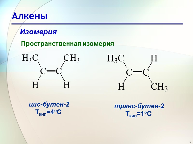 5 Алкены Изомерия Пространственная изомерия  цис-бутен-2 Ткип=4С  транс-бутен-2 Ткип=1С